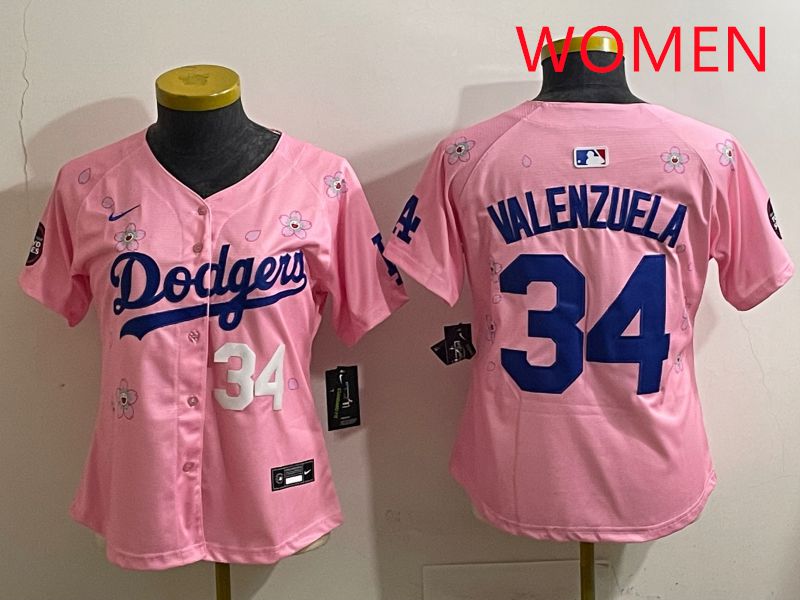 Women Los Angeles Dodgers 34 Valenzuela Pink Sakura Edition 2025 Nike MLB Jersey style 32